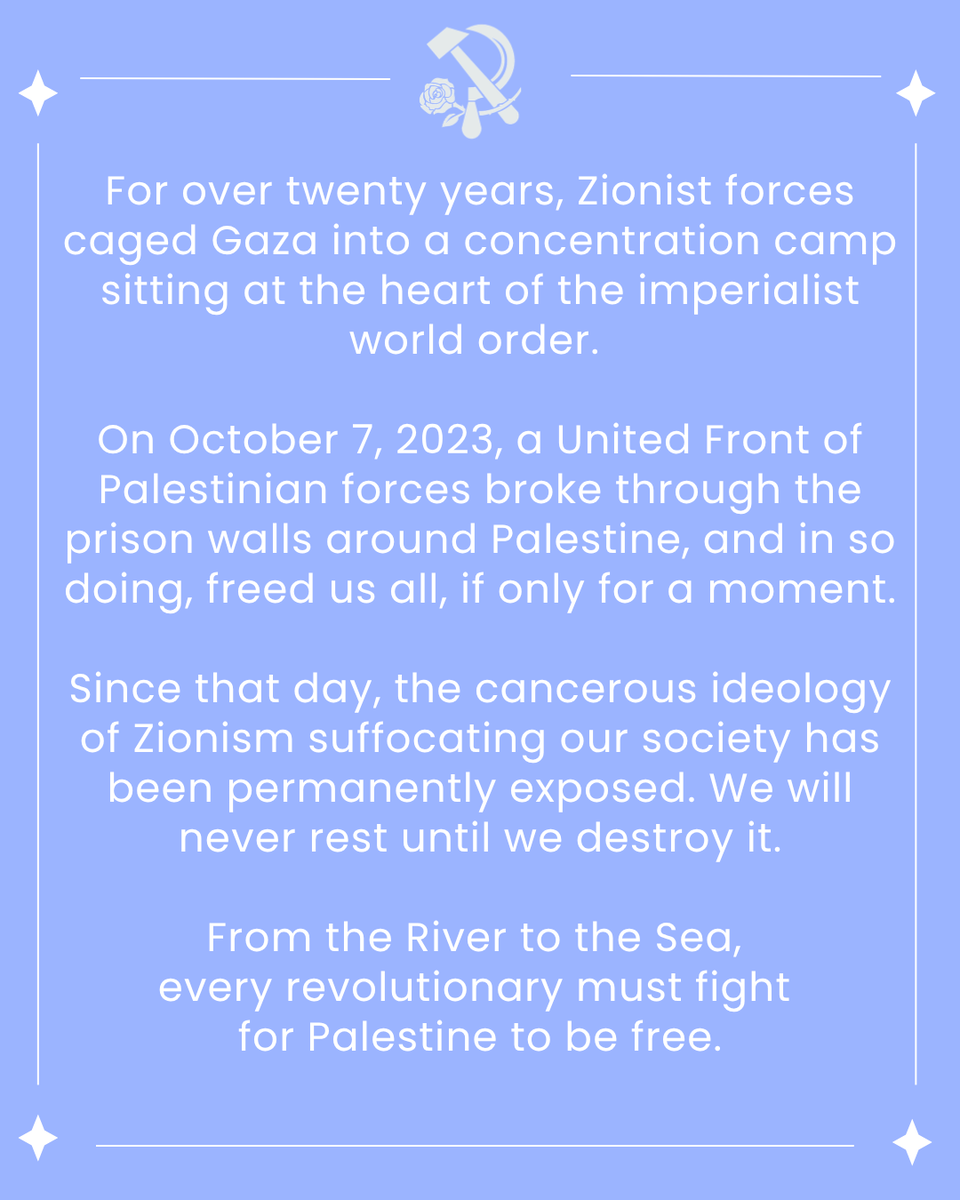 MarxistUnityDSA's tweet photo. On October 7, 2023, a United Front of Palestinian forces broke through the prison walls around Palestine, and in so doing, freed us all, if only for a moment. From the River to the Sea, every revolutionary must fight for Palestine to be free 🇵🇸 https://t.co/gmaMR18Rg3