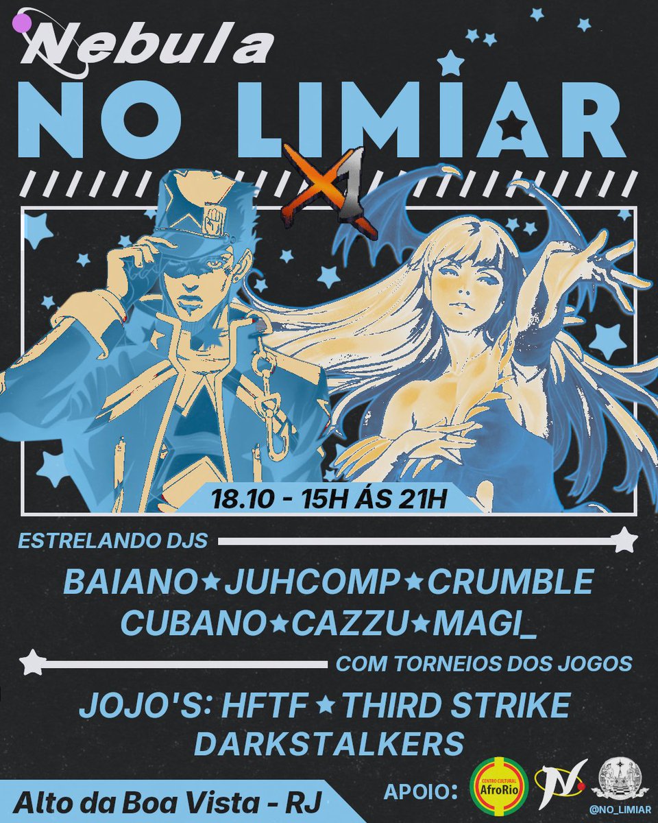 NebulaFGC's tweet photo. UMA NOVA UNIÃO ESTÁ FORMADA ⭐️

A Nebula está se juntando à festa carioca com o NO LIMIAR para trazer uma experiência inédita: música eletrônica e fighting games! 🎵🥊

Venham vivenciar essa fusão perfeita com o X1: Nebula No Limiar, no dia 18 de outubro, das 15h às 21h!

ENTRADA: R$10 (com direito a todos os torneios!)
⬇️