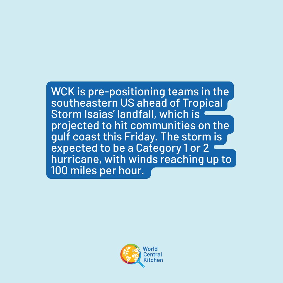 WCKitchen's tweet photo. WCK is pre-positioning teams in Alabama and Florida ahead of Tropical Storm Isaias’ landfall, which is projected to hit communities on the gulf coast this Friday. The storm is expected to be a Category 1 or 2 hurricane, with winds reaching up to 100 miles per hour. By working with communities and local partners before the storm hits, our teams will be in place and ready to act as quickly as possible the moment it passes—ensuring no time is lost getting meals to the people who need them most. #ChefsForFlorida #ChefsForAlabama

Read More: https://t.co/ugrSehlcLn