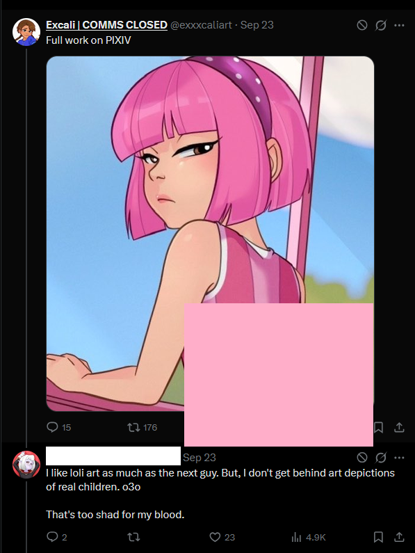 CSAROPF's tweet photo. Entry #108 - exxxcaliart

Tags: Real person sexualization

This user drew sexualized art of Stephanie from LazyTown who was played by a child actress. they're also a fan of a game called Underaltarbeach. a game based off real children that were victims of rape that you asssult. https://t.co/xgKqU8EVqH