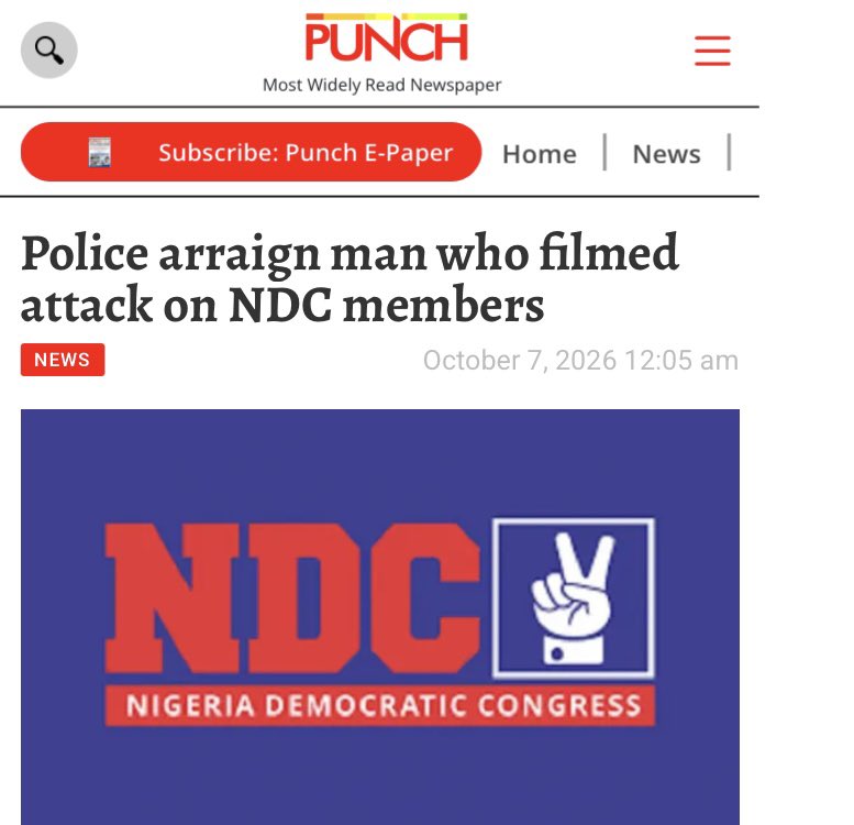 NigeriaNDCHQ's tweet photo. NDC DEMANDS RELEASE OF MEMBER ARRESTED IN ENUGU — SHAME ON THE POLICE

An Enugu East Magistrate's Court sitting at Nkwo Nike, Enugu State, has remanded in custody a member of our party, Mr. Ani Chidi, for allegedly recording and circulating a video of an attack on our members during a political meeting in Obuoffia, Awkunanaw.

Chidi was arraigned by the Enugu State Police Command on Monday on three counts of cybercrime and alleged criminal defamation, under Section 24(2)(a) and (c)(i) of the Cybercrimes (Prohibition, Prevention, etc.) Act, 2015 (as amended in 2024).

It is shameful that the Nigeria Police Force, @PoliceNG, under the Inspector-General of Police, @TunjiDisu1, would ignore the thugs who unleashed violence on our members and instead prosecute a member who recorded the incident.

It is clear, even to the blind, that the Nigerian state has taken sides with violent criminals attacking members of the opposition.

The police are funded by taxpayers to discharge their constitutional duties, not to weaponize their powers against the opposition.

We find this action deeply offensive and call for the immediate and unconditional release of our member.