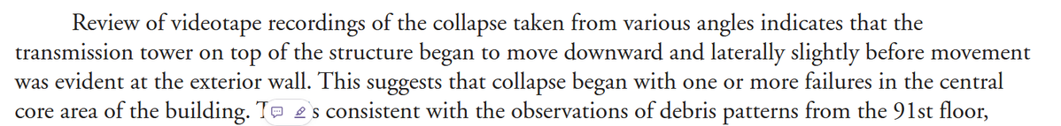 nine1124seven's tweet photo. @mattwatkajtys @StantonArch1967 FEMA clearly state the downward and then lateral movement of the antenna from VARIOUS angles.
You were talking about the South tilt of the top block which happens after the antenna is observed to have moved. From FEMA report... https://t.co/KhK0WkAQxJ