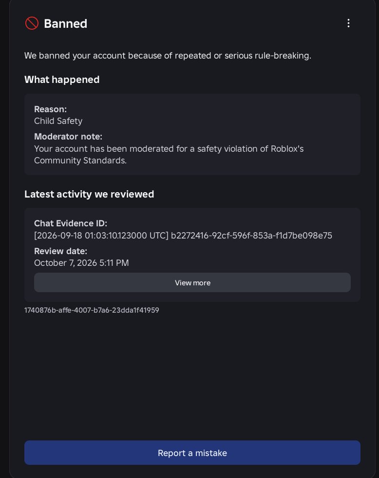 Xavier880049548's tweet photo. @Roblox @Roblox I was randomly banned today october 7th, for no reason at all. for stuff I said in 2024 - 2025. which that I looked into it. I was defending myself against a toxic in tsb, and I get banned for it. RANDOMLY?! 2 YEARS LATERRR. please. look into it. my user is fadek059. https://t.co/3A3FoCcytc