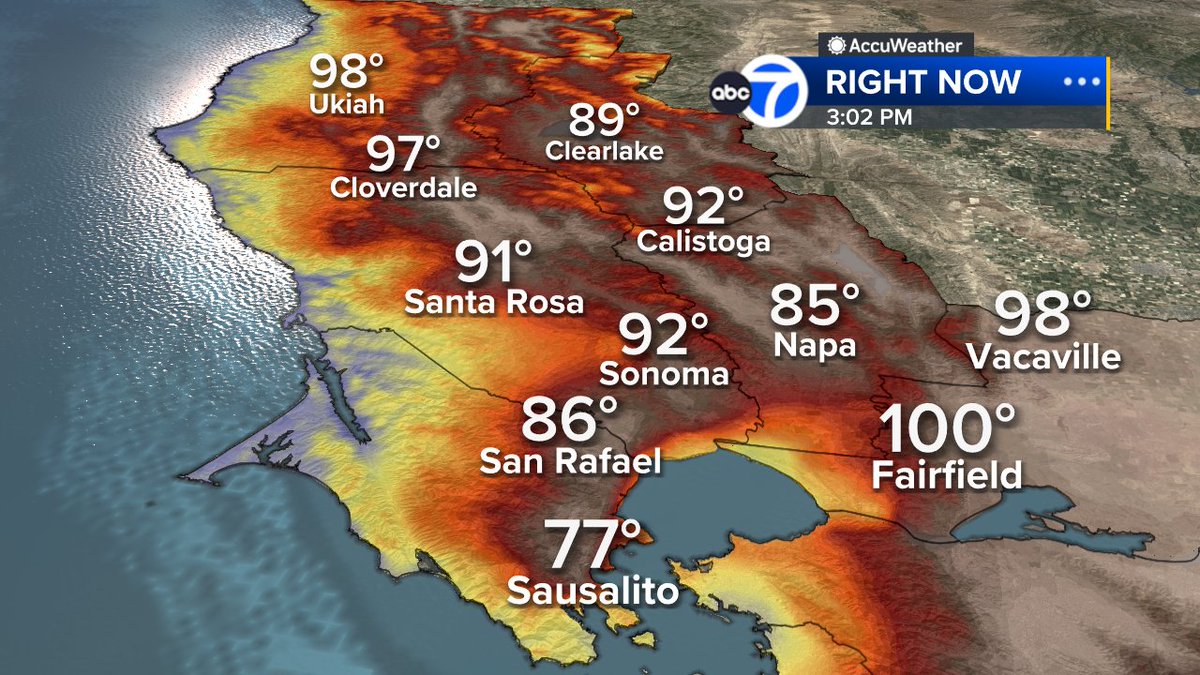 SandhyaABC7's tweet photo. WARM TO HOT: Once again around bay &amp; inland!  Heat Advisory continues for 1 more day, risk of heat related illnesses.  Coast is staying comfy, in 60s now.  Relief is on the way!  Ready for it?  Gusty &amp; much cooler going into the weekend!  #SanFrancisco #BayArea #CAwx #ABC7now https://t.co/3GZWfBKsLg
