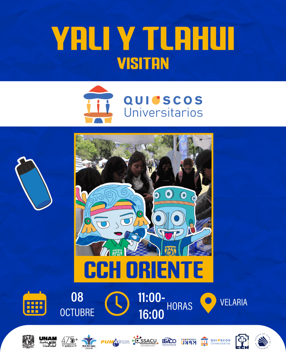 PUMAGUA's tweet photo. 🎪 ¡#ComunidadUNAM del CCH Oriente!
¡Alístense, porque este jueves 8 de octubre será de #QuioscosUniversitarios, en su plantel!💧🩵
Tlahui, Yali y el equipo #PUMAGUA estaremos contentos de visitarlos.
¡No se lo pierdan! 🩵
#UNAM #MedioAmbiente #Sustentabilidad https://t.co/FYIWX2p6sY