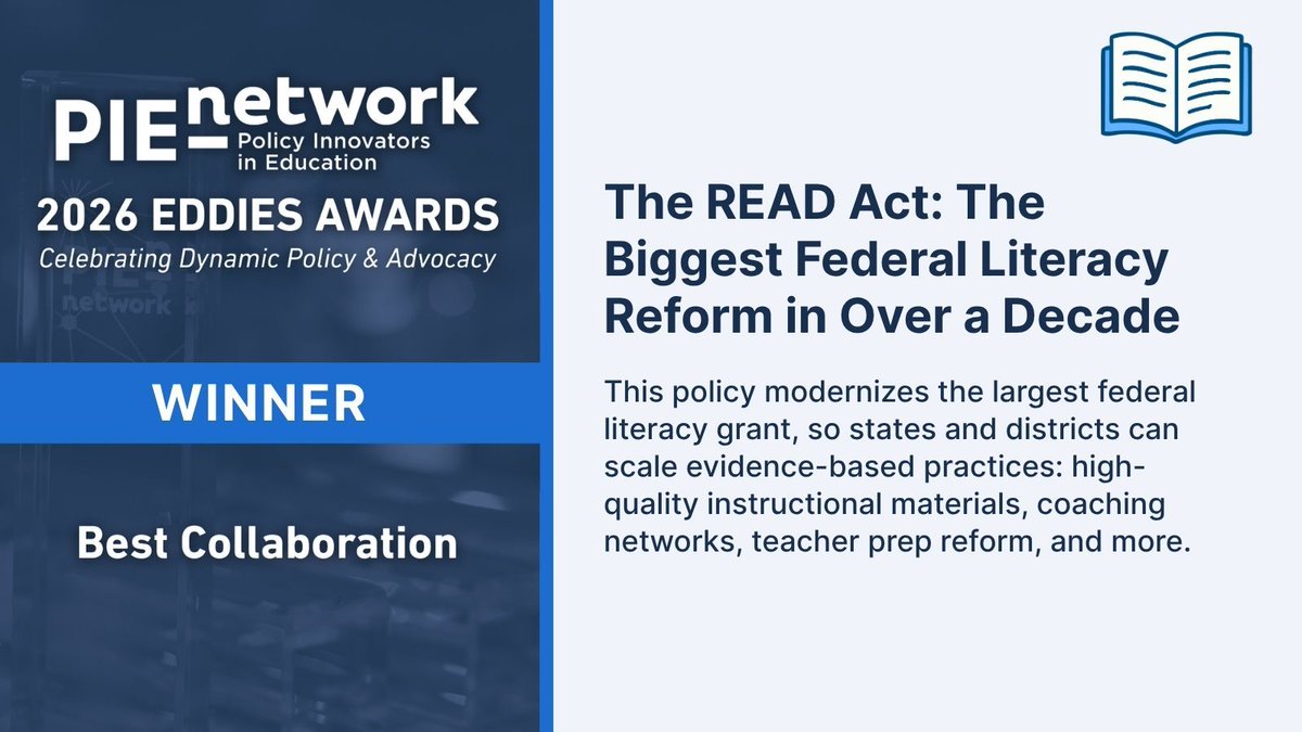 NCTQ's tweet photo. NCTQ is honored to share the 2026 @PIEnetwork Eddie Award for Best Collaboration with our partners in the coalition behind the READ Act!

The READ Act would modernize the largest federal literacy grant so that federal dollars support what's working to improve reading outcomes in states: high-quality instructional materials, literacy coaching, teacher prep reform, universal screening, and parent notification. The bill advanced out of the Senate HELP committee and has been introduced in the House.

Support for strong reading instruction reaches across party lines. Organized by the @NationalParents Union, this coalition brought together more than 120 organizations with different perspectives around a shared commitment to every child's literacy. We're grateful to have contributed to this work.

Congratulations to our partners: @All4Ed, @BPC_Bipartisan, @amprog, @StudentSuccess, @EdTrust, @Ed4Excellence, @mass_potential, @ncldorg, @NationalParents, @teachplus, and @LearnerEquity.