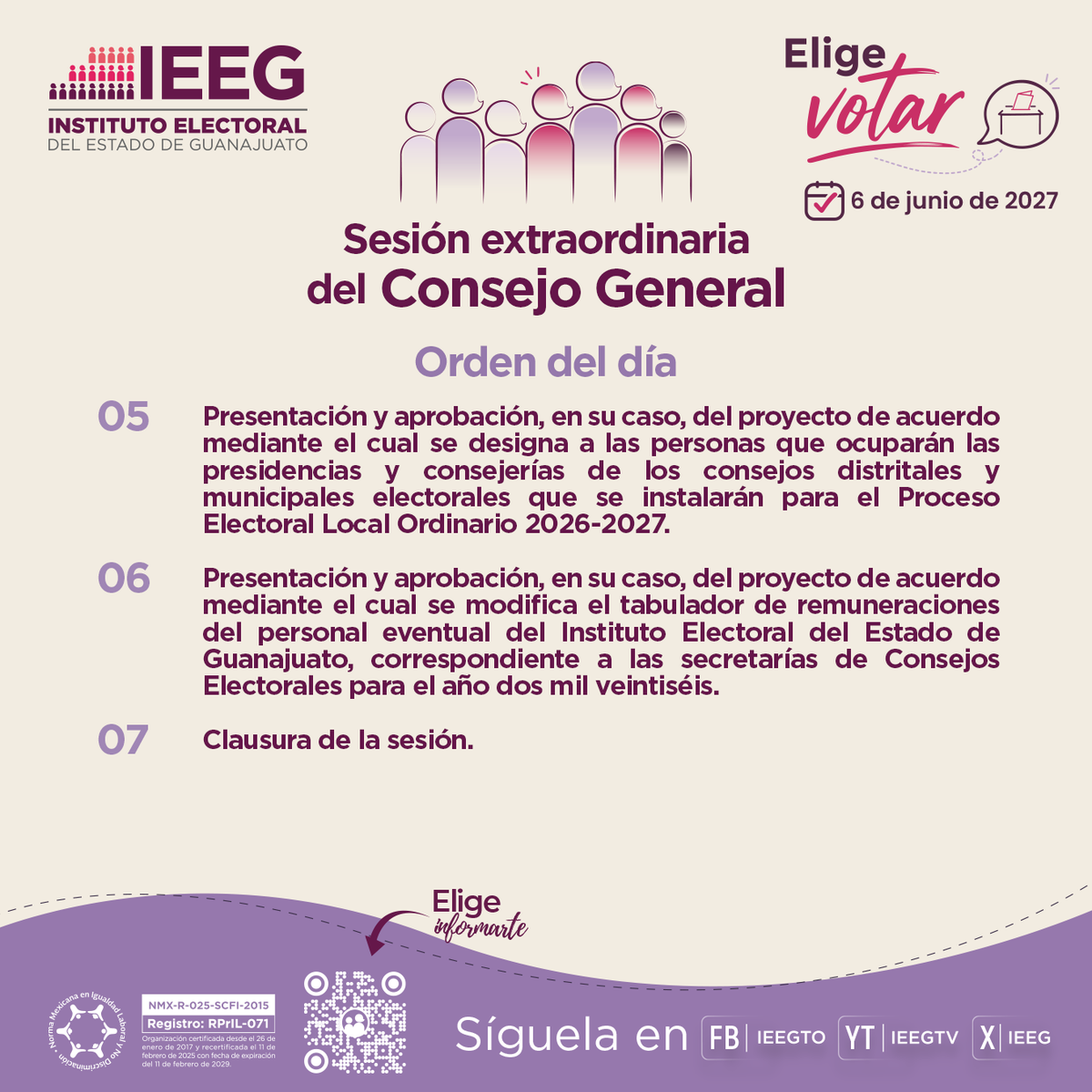IEEG's tweet photo. 🟣 | Conoce los puntos a abordar en la sesión del Consejo General agendada para hoy.

12:00 horas. 🕰

Transmisión #EnVivo por nuestras plataformas digitales. 📲💻🖥️

#EligeVotar https://t.co/SyWB0nIH18