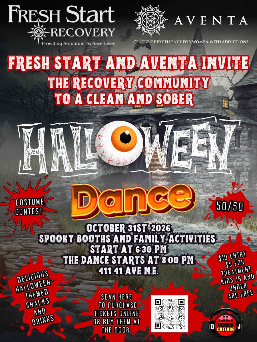 FreshStartRC's tweet photo. A little spooky. A lot of fun. A community celebrating recovery together.

Aventa and Fresh Start Recovery invite you, your family and your friends to join us on Saturday, October 31, 2026, for our Clean and Sober Halloween Dance!

Pull out your favourite costume and come spend Halloween with our recovery community. We have something for the little monsters, the dance-floor regulars and everyone in between.

Here’s what we have in store:

🎃 6:30 p.m. | Spooky Booths and Family Activities
Bring the kids for spooky booths, Halloween activities and plenty of treats. At 7:00 p.m., we’ll get the dance floor started for the little ghouls and goblins!

💃 8:00 p.m. | Let’s Dance
Gather your crew and join everyone on the dance floor with DJ Marvin Culture! We’ll keep the celebration going until late.

🎶 Have a favourite song you want to dance to? Help us get the night’s music ready by adding your requests to our playlist:
https://t.co/fPULl2fh5p

Enjoy Halloween-themed snacks and refreshments, a costume contest and a 50/50 draw throughout the evening.

Admission
$10 for community members
$5 for those currently in treatment
Free for kids 16 and under
Tickets are available online or at the door.

Location
Fresh Start Recovery
411 41 Avenue N.E., Calgary

Parking

Drop your guests off at the front door, then park in the lot on the east side of our building. If that lot is full, please park at Centre Street Church. Our shuttle will bring you back to the celebration.

Why we come together

Recovery grows through connection, and nights like this give us a chance to enjoy the lives we are rebuilding. We make new friends, reconnect with familiar faces and share some laughter with the people walking beside us.

Whether you are new to recovery, have been part of this community for years or are coming to support someone you love, there is a place for you here.
This is an alcohol- and substance-free event.

Get your tickets:
https://t.co/yBTF4t1O3e

Come dressed to impress, or scare. We can’t wait to see you!

#Halloween #FreshStartRecovery #Aventa #SoberHalloween #CalgaryEvents