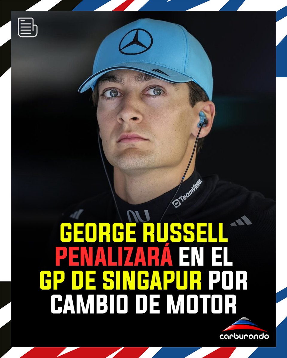 CarburandoTV's tweet photo. EL CAMPEONATO CADA VEZ MÁS LEJOS 👎
George Russell deberá afrontar el Gran Premio de Singapur desde el fondo de la parrilla, después de que Mercedes se viera obligada a montar una nueva unidad de potencia en su W17.
#F1 #SingaporeGP #Russell https://t.co/czzwlg3so3