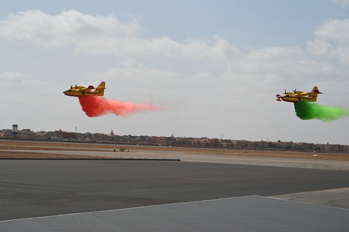 USAmbMorocco's tweet photo. An impressive display in the skies over the Marrakech Air Show! The F-35 flyover, the first in Africa, showcased the innovation, advanced technology, and operational capabilities that define American aviation. And great to see Morocco’s F-16 flyover. A powerful demonstration of U.S. aerospace excellence and the strong defense partnership between the United States and Morocco.
