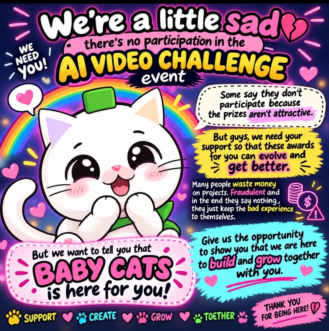 Baby_Cats_On's tweet photo. ๐จ IMPORTANT ANNOUNCEMENT ๐จ
We want to share something important with our Baby Cats community. ๐ฑ๐
We need your support to keep improving our events, rewards and opportunities. ๐โจ
Please take a moment to read this. Weโre building this together.๐ซถ
#memecontest #aivideo #grok https://t.co/hu6Y43gwsB