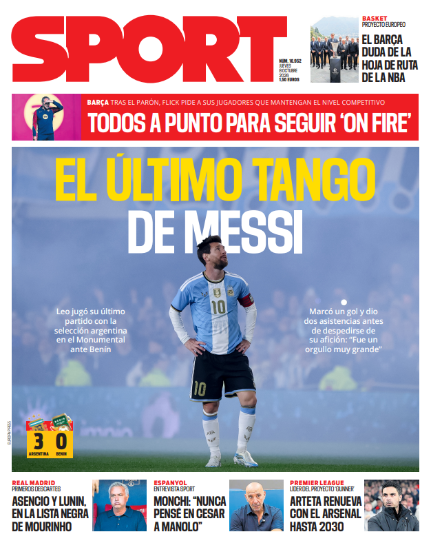 sport's tweet photo. 🗞️ PORTADA SPORT

🐐 El último tango de Messi
🔥 Todos a punto para seguir 'On Fire'
🏀 El Barça duda de la hoja de ruta de la NBA
⚪️ Asencio y Lunin, en la lista negra de Mou
🦜 Entrevista a Monchi: "Nunca pensé en cesar a Manolo"
https://t.co/2p5MF5VK8s https://t.co/DL3NkcwjR4