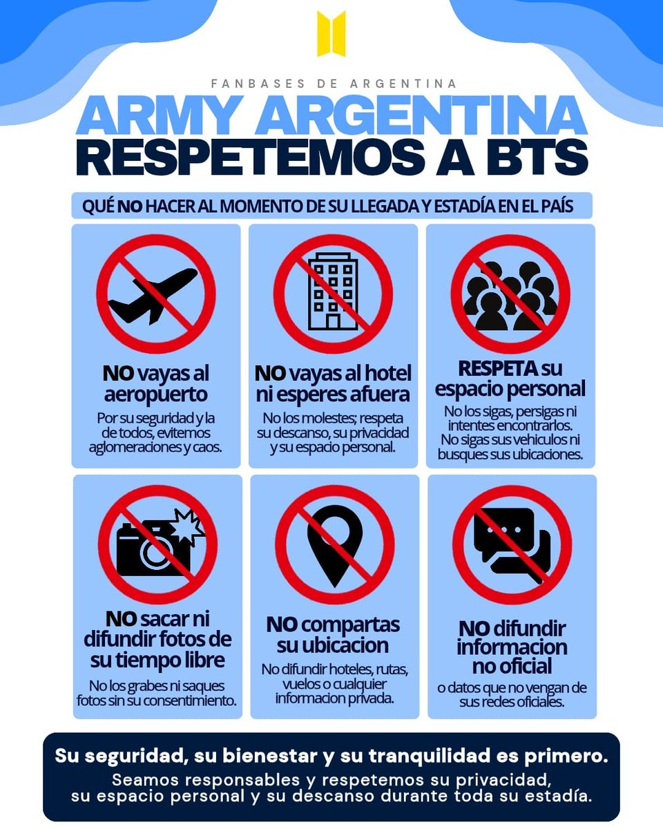 wabplace's tweet photo. espero que en argentina salga todo bien, las fanbases no dejan de difundir estas imágenes para respetar la privacidad de bts en nuestro país. argmys, por favor les pido que hagamos lo mejor posible para que los chicos tengan una buena estadía y se lleven una buena experiencia https://t.co/4fA9K85CFK