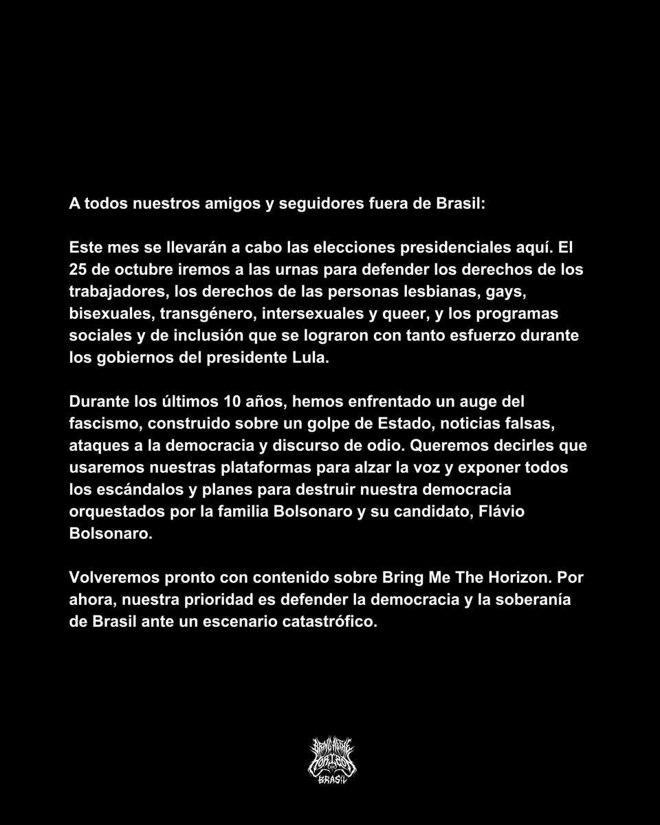 BMTH_BRA's tweet photo. A message from our team to all our friends outside Brasil. https://t.co/zOYKe2C7cO