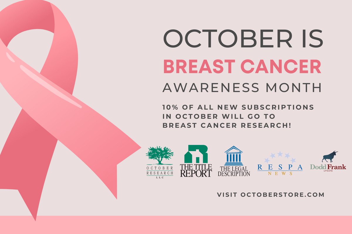 ORKnowledge's tweet photo. This October, we are proud to join the fight against breast cancer. For new subscriptions to any of our publications: The Title Report, The Legal Description, RESPA News, and Dodd-Frank Update, we will donate 10% of the proceeds to Breast Cancer Research!  https://t.co/zXEnSNBrpu https://t.co/bVgLHDLko6