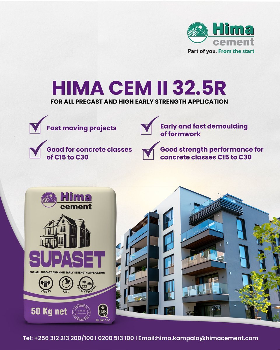 JBNyamate's tweet photo. .Need your construction work to move faster without compromising on quality? Why not choose Hima SUPASET Cement? With fast setting, dependable strength, and consistent performance, #SUPASET helps keep your project on track from the first mix to the final finish. When every hour counts, make SUPASET your cement of choice. #HimaCement #BuiltWithHima @HimaCement #UGat64