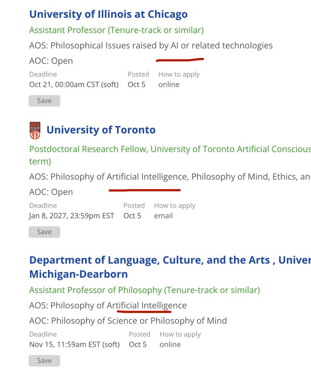 BrandonWarmke's tweet photo. Get ready for the great philosophy of AI hiring spree of 2027. All posted in just the last 48 hours. Do we even have enough philosophers of AI to meet demand? https://t.co/65ifLcPHpU