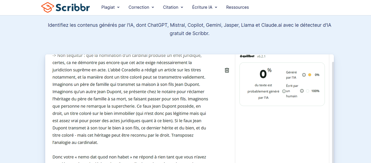 Mgr_Pie's tweet photo. Après analyse systématique de mes réponses et des votres : 
Pour ma part : 
- Quillbot : 0%
- ZeroGPT : 0%
- Scribb : 0% 
- Winston IA (le meilleur d'après certains benchmarks) : 2% IA (98% humain) 
- GPTZero (troisième meilleur) : 9% 

Pour vous : 
- Quillbot : 9%
- Zerogpt : 0%
- Winston IA : 55%
- GPTZero : 99%
- Scribb : 0%
