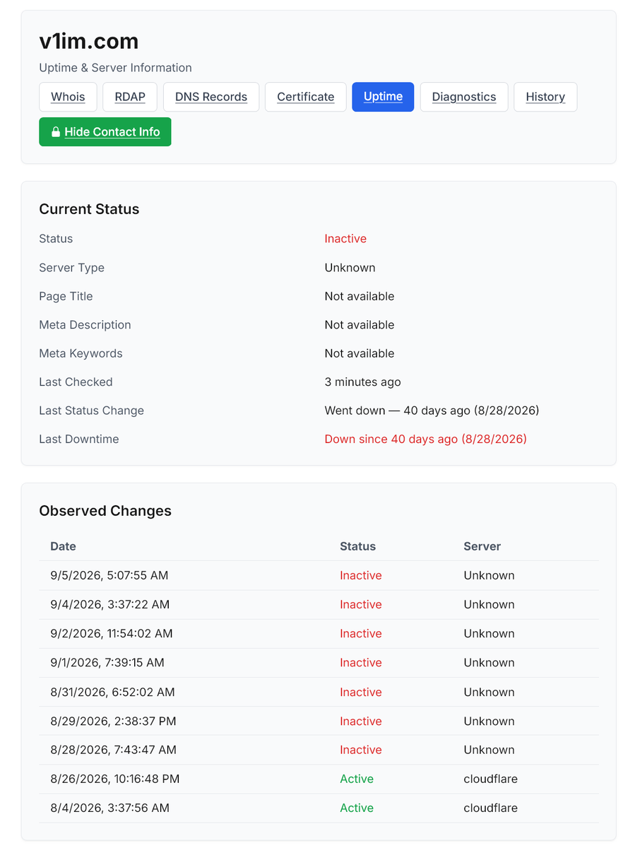 ANKINSSS's tweet photo. @tsurisitaine @xfRex_ V1im has been defunct for 40 days so far. The site was terminated by the owners. The domain expires on December 2nd. The certificates have already expired. To my knowledge, there are no other sites like V1im.

If anyone does know of similar sites, please share. https://t.co/QAgJm2h2iX