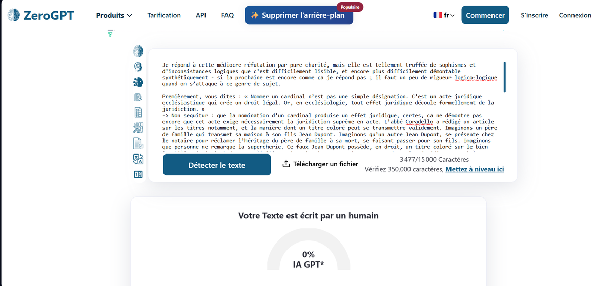 Mgr_Pie's tweet photo. Après analyse systématique de mes réponses et des votres : 
Pour ma part : 
- Quillbot : 0%
- ZeroGPT : 0%
- Scribb : 0% 
- Winston IA (le meilleur d'après certains benchmarks) : 2% IA (98% humain) 
- GPTZero (troisième meilleur) : 9% 

Pour vous : 
- Quillbot : 9%
- Zerogpt : 0%
- Winston IA : 55%
- GPTZero : 99%
- Scribb : 0%