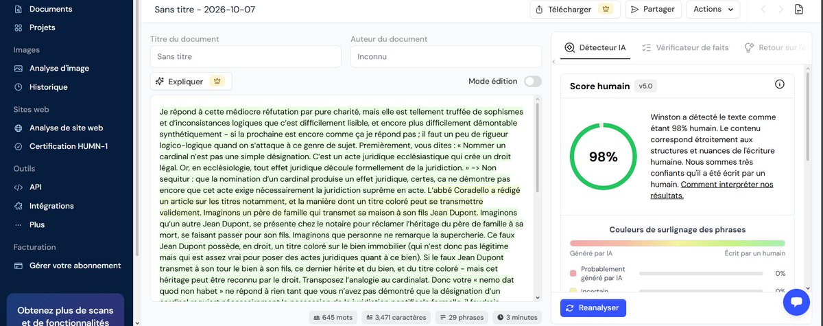 Mgr_Pie's tweet photo. Après analyse systématique de mes réponses et des votres : 
Pour ma part : 
- Quillbot : 0%
- ZeroGPT : 0%
- Scribb : 0% 
- Winston IA (le meilleur d'après certains benchmarks) : 2% IA (98% humain) 
- GPTZero (troisième meilleur) : 9% 

Pour vous : 
- Quillbot : 9%
- Zerogpt : 0%
- Winston IA : 55%
- GPTZero : 99%
- Scribb : 0%