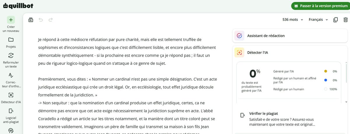 Mgr_Pie's tweet photo. Après analyse systématique de mes réponses et des votres : 
Pour ma part : 
- Quillbot : 0%
- ZeroGPT : 0%
- Scribb : 0% 
- Winston IA (le meilleur d'après certains benchmarks) : 2% IA (98% humain) 
- GPTZero (troisième meilleur) : 9% 

Pour vous : 
- Quillbot : 9%
- Zerogpt : 0%
- Winston IA : 55%
- GPTZero : 99%
- Scribb : 0%