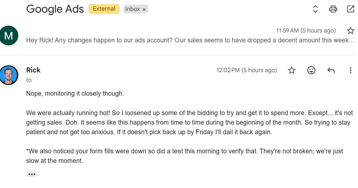 PPCExpertRick's tweet photo. Sometimes the hardest things to do with paid ads is sit on your hands and wait.

Client reached out due to slow sales. Instant reply btw

Few hours later we print 3 sales for 11x ROAS on the day.

Back to normal KPI pacing.

Sometimes you have to zoom out and trust the process. https://t.co/5W1UMUfbWs