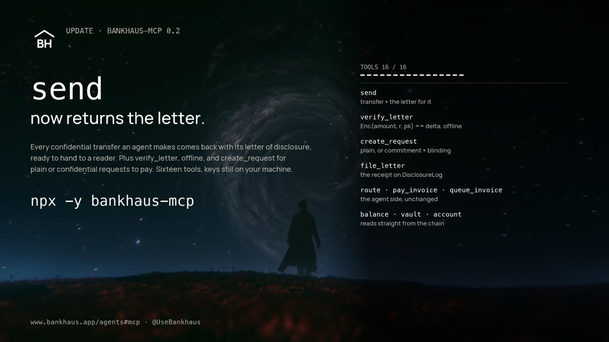 UseBankhaus's tweet photo. Update: bankhaus-mcp 0.2.

Send now returns the letter of disclosure for the transfer it just made, ready to hand to a reader. verify_letter checks one offline, no key needed. create_request issues a request to pay, plain or confidential. Sixteen tools, keys still on your machine.

Npx -y bankhaus-mcp · https://t.co/PTfKXSNwjr