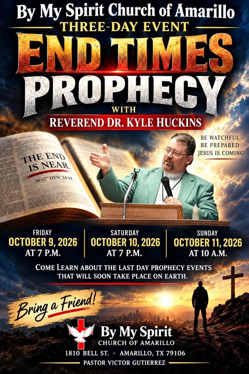 kylehuckins's tweet photo. ¡Acompáñame este fin de semana en #Amarillo, #Texas, 1810 Bell! Les mostraré cómo CUALQUIER CREYENTE PUEDE ENTENDER el #APOCALIPSIS, guiándolos en mi cronología de los últimos días, el #Rapto y el Juicio de todos. ¡Gracias al #Pastor Victor por invitarme! #Biblia #Anticristo https://t.co/po2u4gBP6E