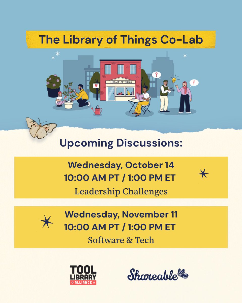 Shareable's tweet photo. 🛠️ Join us, the Tool Library Alliance, next Wednesday October 14th, at 10 PT / 1 ET for a session on Leadership challenges (board chairs &amp; E.D.s)!  

Sign up for the free and virtual event(s) at the link. 
https://t.co/1rcTkMyTff 

#ToolLibrary #LibraryOfThings https://t.co/vU8vXVFTzK
