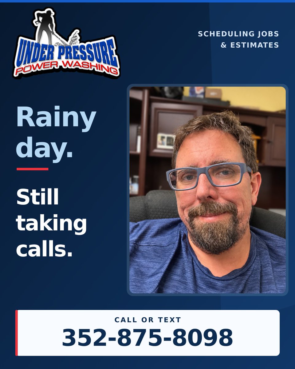 powerwashocala's tweet photo. Rich would rather be out cleaning. This is his “stuck inside doing office work” face. 😂

Central Florida is soaked! Help keep him busy: call/text 352-875-8098 to schedule a job or estimate. Don’t wait for the sun to come out to get on the calendar! https://t.co/mDq0A1WpO8