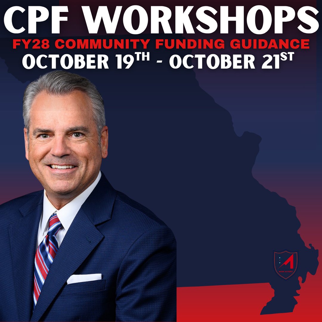 RepMarkAlford's tweet photo. I’m hosting staff-led FY28 Community Project Funding workshops across Missouri’s Fourth District. 🇺🇸 

These sessions help eligible nonprofits and local governments navigate the CPF application, approval, and disbursement process so federal investments can turn the “Show Me State” into the “Grow Me State.” 🌱