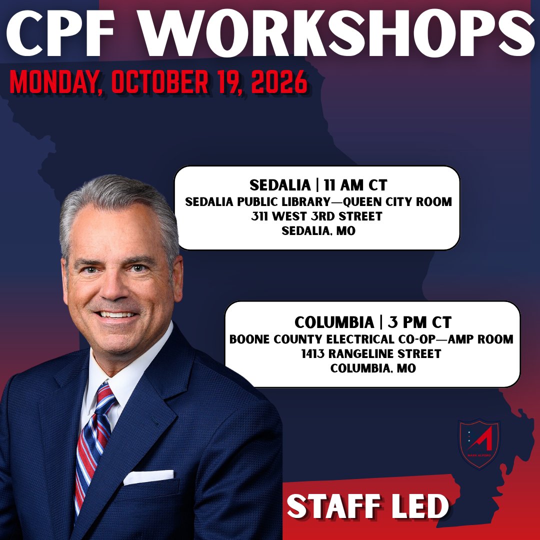 RepMarkAlford's tweet photo. I’m hosting staff-led FY28 Community Project Funding workshops across Missouri’s Fourth District. 🇺🇸 

These sessions help eligible nonprofits and local governments navigate the CPF application, approval, and disbursement process so federal investments can turn the “Show Me State” into the “Grow Me State.” 🌱