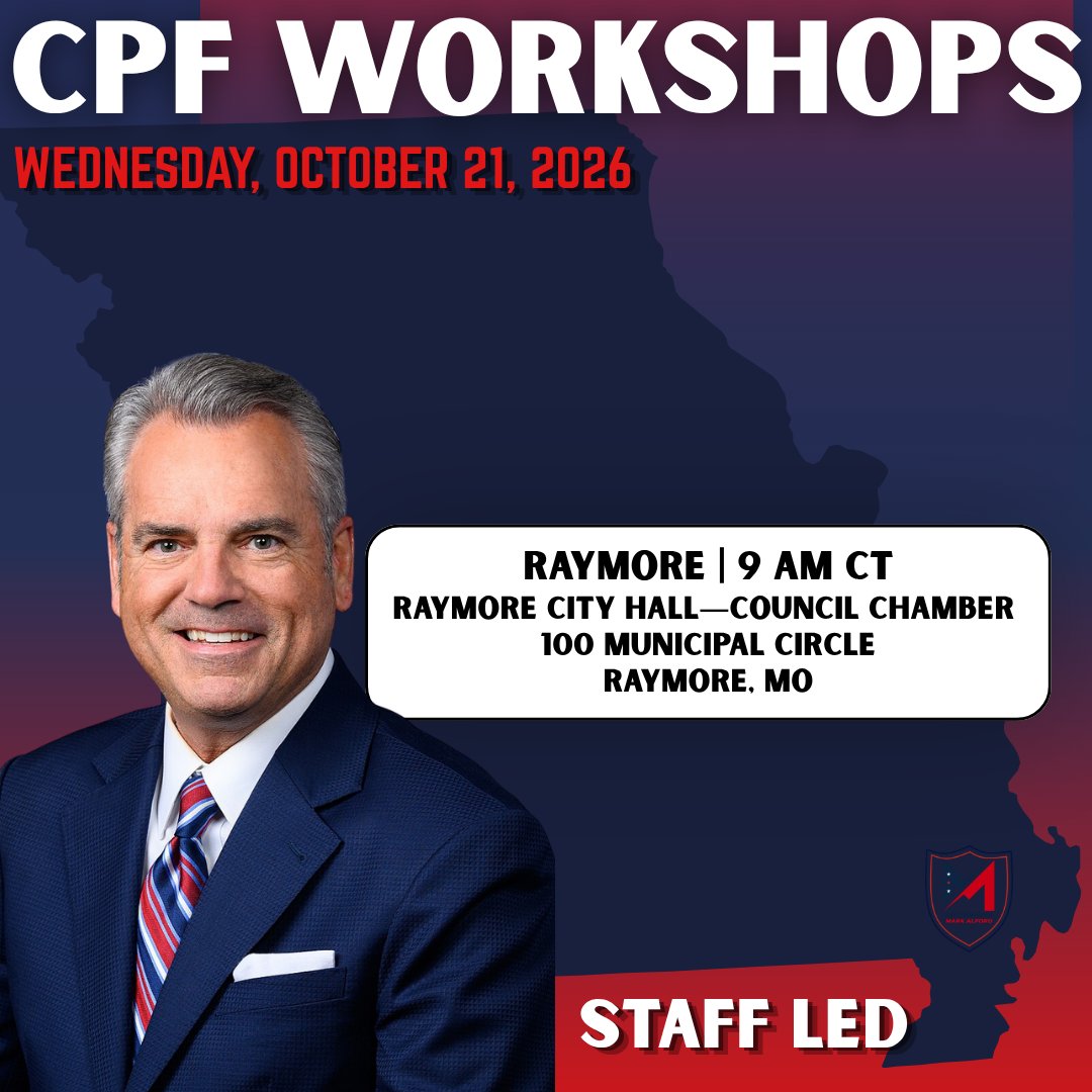 RepMarkAlford's tweet photo. I’m hosting staff-led FY28 Community Project Funding workshops across Missouri’s Fourth District. 🇺🇸 

These sessions help eligible nonprofits and local governments navigate the CPF application, approval, and disbursement process so federal investments can turn the “Show Me State” into the “Grow Me State.” 🌱