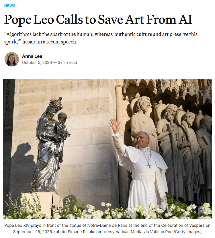 alexutopia's tweet photo. The Pope joined the fight against AI art.

Apparently, "let there be light"
was the last acceptable prompt. https://t.co/IZpUTiEXr5