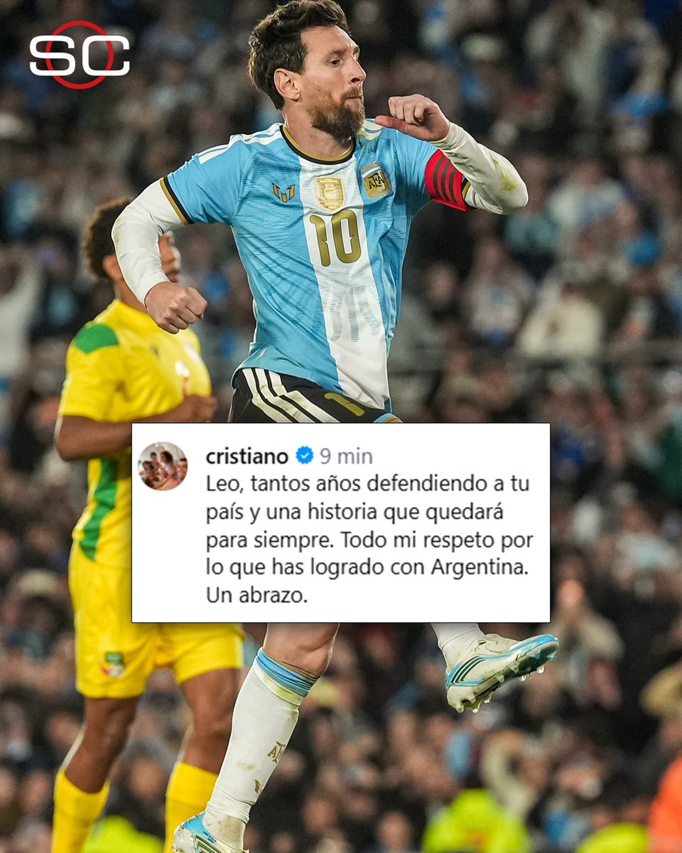 SC_ESPN's tweet photo. CRISTIANO RONALDO le dejó un mensaje a Leo Messi tras su retiro de la Selección Argentina. ¡LEYENDAS TOTALES! https://t.co/yC5djp63FK