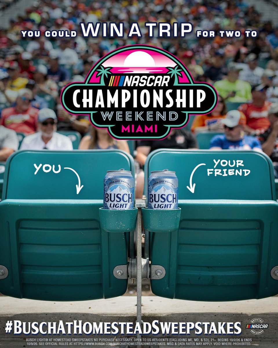 BuschBeer's tweet photo. Don’t miss your chance to watch Championship Weekend LIVE from the grandstands! 🍻 Reply with #BuschAtHomesteadSweepstakes for a chance to win a flyaway for two to Homestead including flights, hotel and tickets to the race https://t.co/E16uZALhok