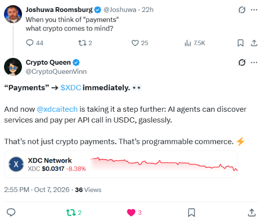 PromptBlock's tweet photo. Payments → $XDC. ⚡
Programmable payments → $XDC.
AI agents paying autonomously per API call → now we’re talking about the future of commerce. 🤖💸
Fast, low-cost, and built for real-world utility.
#XDC #Crypto #XDCCommunity #Web3 #AIAgents #RWA https://t.co/sTTtH0ioI7
