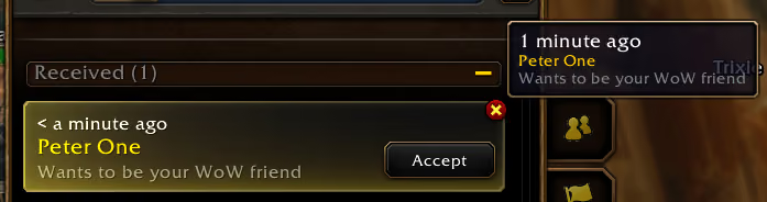 Raenore's tweet photo. Forever Beta re-enabled "Title Friends".
Still functions the same as 12.1 PTR.

Added "Peter One", shows lvl 10 rogue. (img 1 &amp; 2)
They switch to alt, shows lvl 1 alt. (img 4)

Does not show other faction as online though (img 3).

#worldofwarcraft #warcraft #midnight #wowforever https://t.co/Tfp9KPACp3