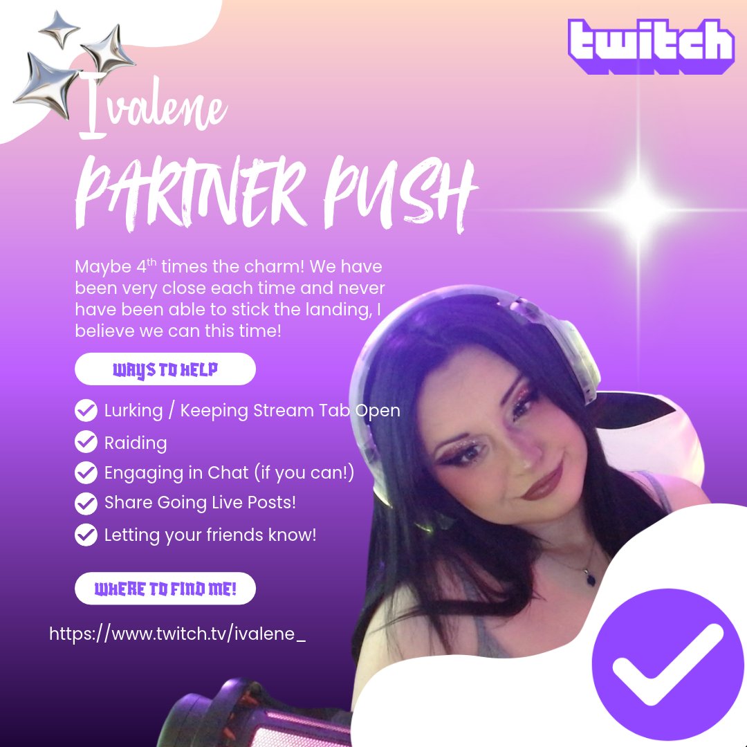 Ivalene__'s tweet photo. Hiya! it would be a dream of mine to accomplish one of my goals I have almost reached a few times.For your consideration I would like to attempt to push for partner! I stream most days at around 6pm CST. I will see you all tomorrow, it would mean to world to me see you all there! https://t.co/VxEUiycx0l