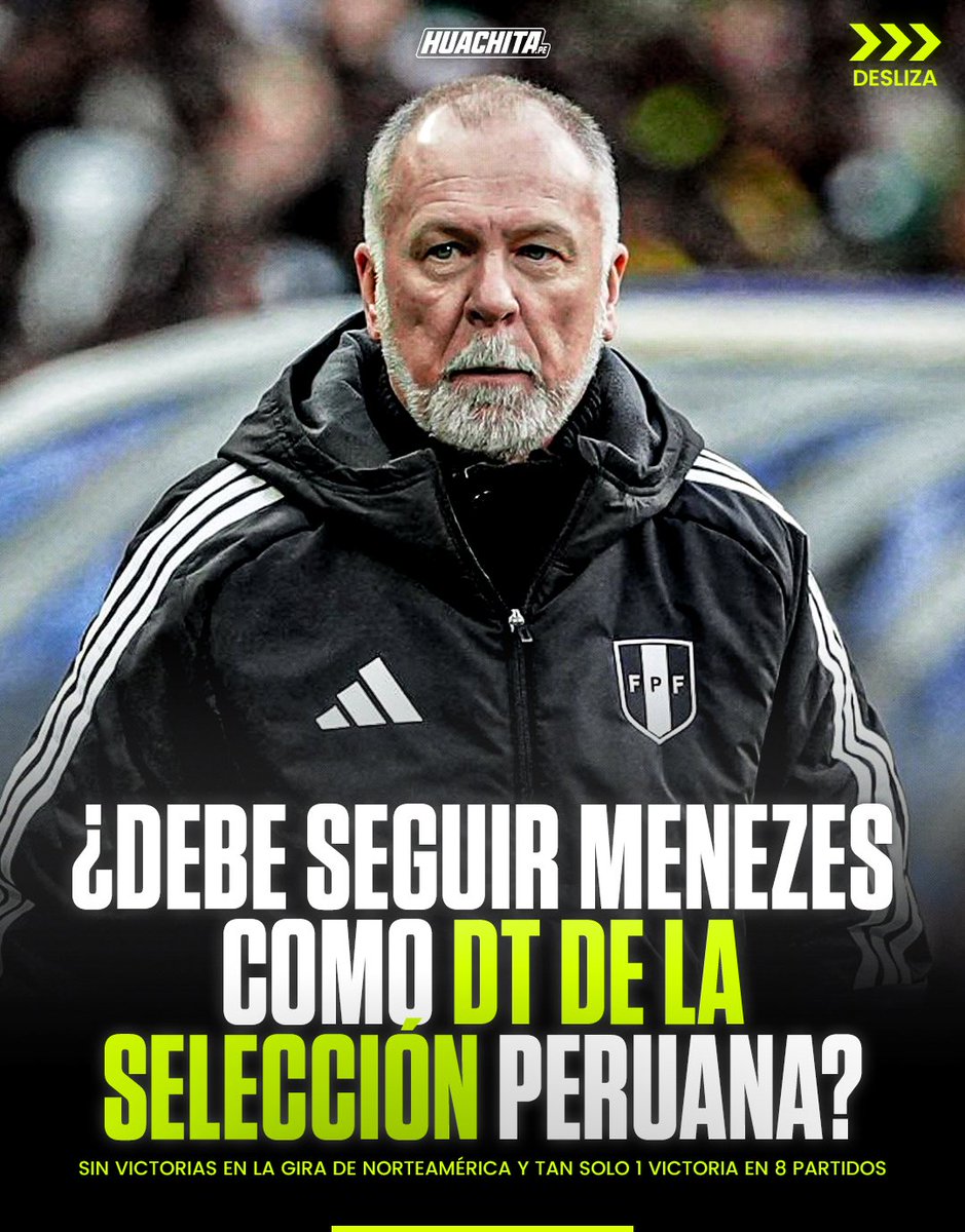 huachitape's tweet photo. ¿𝗗𝗘𝗕𝗘 𝗦𝗘𝗚𝗨𝗜𝗥 𝗠𝗔𝗡𝗢 𝗠𝗘𝗡𝗘𝗭𝗘𝗦 𝗖𝗢𝗠𝗢 𝗗𝗧 𝗗𝗘 𝗟𝗔 𝗦𝗘𝗟𝗘𝗖𝗖𝗜𝗢́𝗡 𝗣𝗘𝗥𝗨𝗔𝗡𝗔?🫡🇵🇪
—
Sin victorias en la gira por Norteamérica y solo 1 triunfo en 8 partidos. Los números pesan y la paciencia se agota. Desliza para ver el análisis ➡️
—
#seleccionperu https://t.co/9Ah2k9MynA