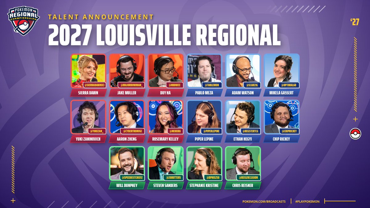 playpokemon's tweet photo. Another two days of #PlayPokemon competition is coming your way this weekend! Get to know your casters for the 2027 Louisville Regional Championships 🎙️ https://t.co/H6WcHPLe9F