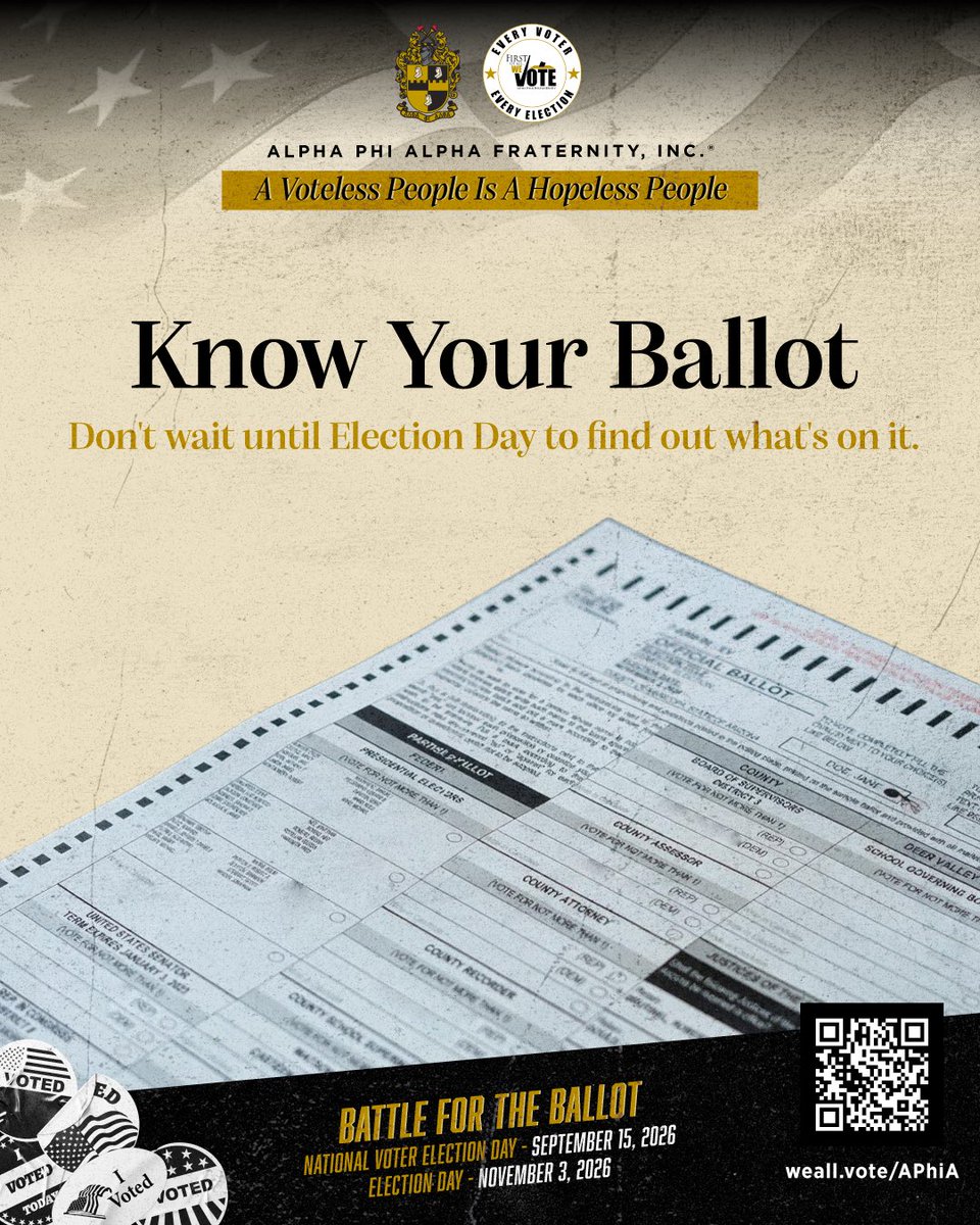 apa1906NETwork's tweet photo. This is ‘The Battle For The Ballot.’ Alpha Phi Alpha Fraternity, Inc. wants you to know what’s on your ballot. Review the sample ballot before the upcoming 2026 Midterm Elections.

Remember, ‘A Voteless People Is A Hopeless People.’ https://t.co/DwAwBFE1We
