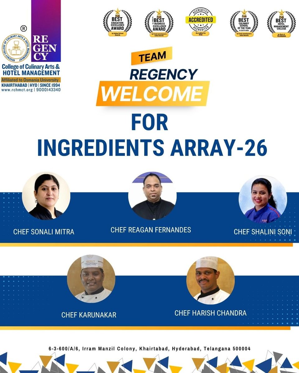 regencycollegee's tweet photo. 👨‍🍳✨ TEAM REGENCY WELCOMES INGREDIENTS ARRAY-26! ✨👩‍🍳

Regency College of Culinary Arts &amp; Hotel Management is delighted to welcome the talented culinary professionals and distinguished chefs participating in Ingredients Array-26! 
Welcome to Regency College! 💙💛#RegencyCollege https://t.co/31xqY24nJL