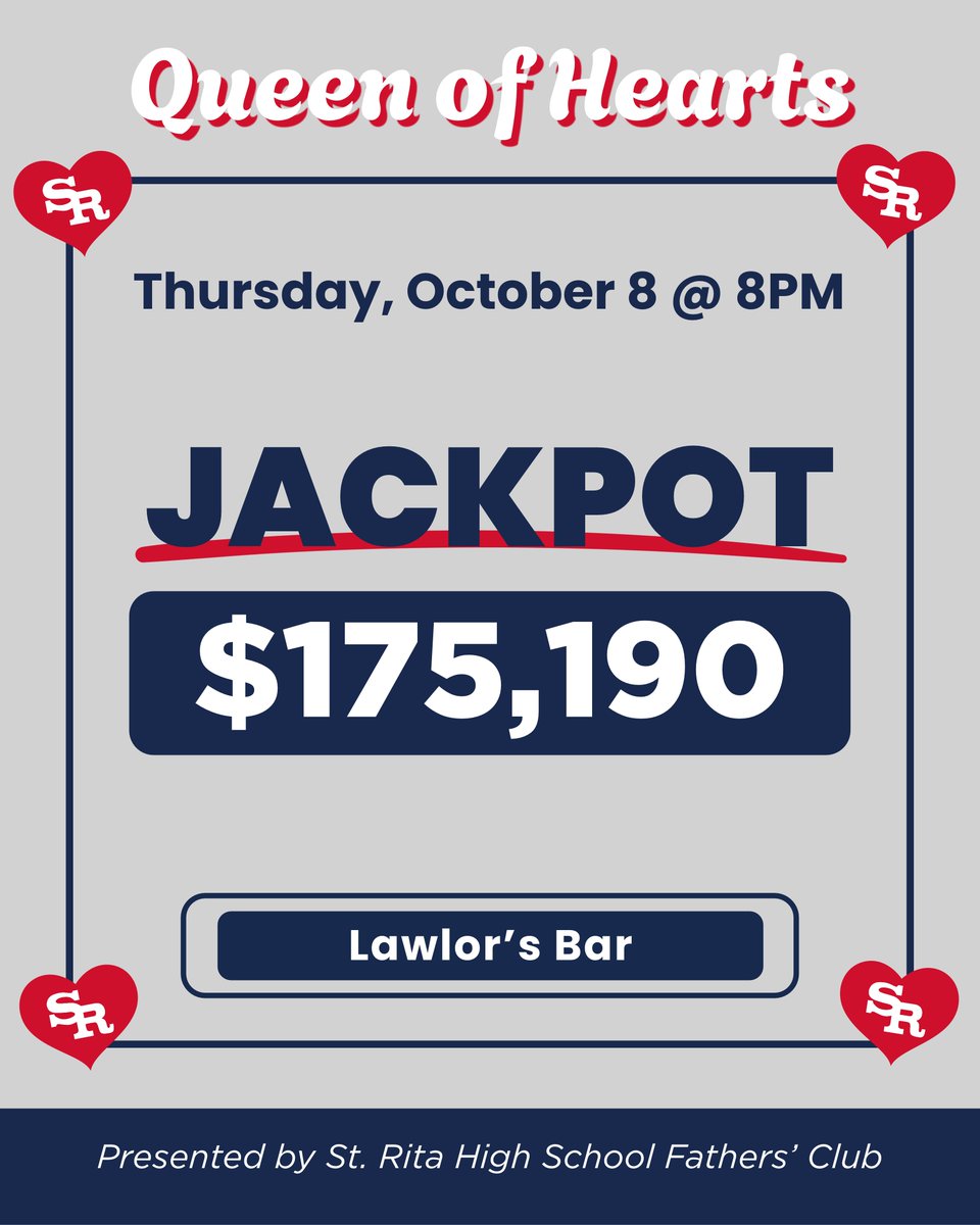 StRitaHS's tweet photo. 💰The Queen of Hearts 50/50 jackpot has SURPASSED $175,000!💰

Purchase your tickets for tomorrow's drawing at Lawlor's Bar on 111th Street or online here: https://t.co/r5iO1WVdqr

#strita #stritaofcascia #stritaqueenofhearts https://t.co/L8uf9LjwDw