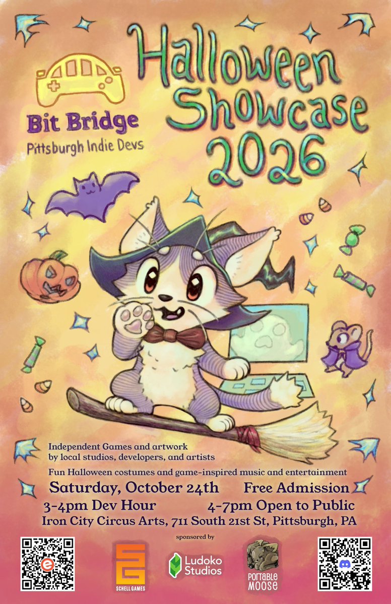bitbridgeindies's tweet photo. The Bit Bridge Halloween Showcase is back for 2026. Join us in 2 weeks on Sat. Oct 24th for another year of great games+demos, costumes, and candy! Extended an extra hour and free to the public as always! https://t.co/rSug4THIf6 https://t.co/EvVEfaNSbE