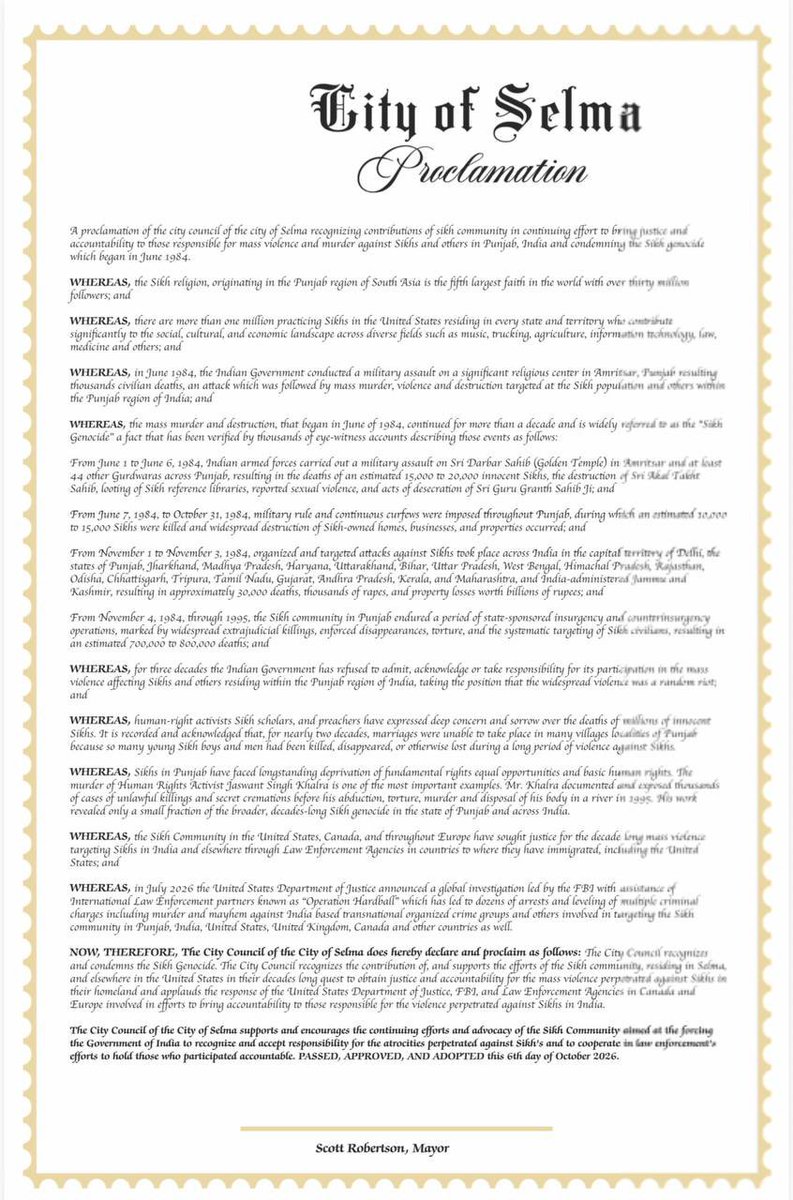 NyJagdeepsingh's tweet photo. Selma, California, has officially proclaimed recognition of the 1984 Sikh Genocide.

This November, Sikhs worldwide should be pushing their own cities to recognize the Sikh Genocide — not going to @diljitdosanjh shows and turning the days of our genocide into a celebration. https://t.co/XS9AJlqR02
