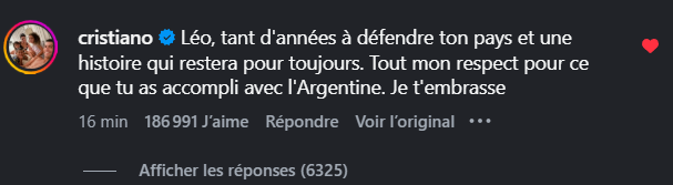 ArobaseGiovanny's tweet photo. 🔴🔴🔴 CRISTIANO RONALDO répond au post de LIONEL MESSI sur sa fin de carrière avec l'Argentine !

"Léo, tant d'années à défendre ton pays et une histoire qui restera pour toujours. Tout mon respect pour ce que tu as accompli avec l'Argentine. Je t'embrasse." https://t.co/QFIBIJLLi7