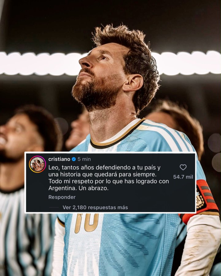 HDFfutbol's tweet photo. Tantos años defendiendo a tu pais una historia que quedara para siempre. Todo mi respeto. 🇵🇹 

- Cristiano y sus palabras por el retiro de Messi.
-De Leyenda a Leyenda ⚽️
#MessiAdiós https://t.co/IhbREbcBsn