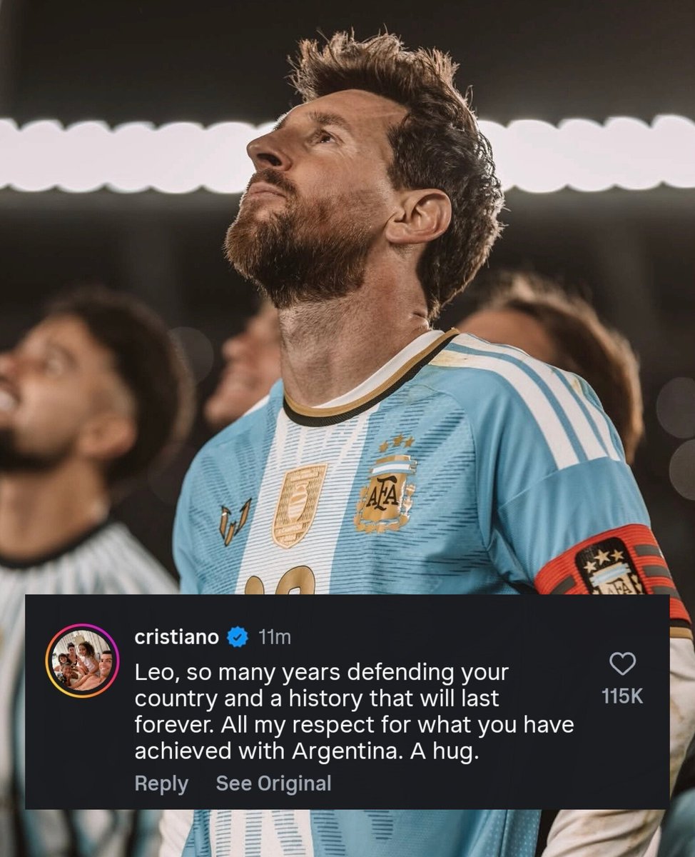PoojaMedia's tweet photo. Ronaldo pays tribute to Messi after his international retirement on Instagram.

This is a good gesture ❤️ https://t.co/PMqTZn6cmV